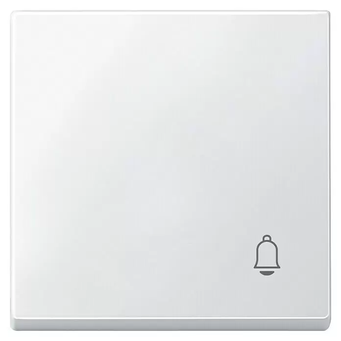 Merten System M Universalwippe MEG3305-0419 - Mit Symbol Klingel, Polarweiß matt, Kunststoff - Weißer quadratischer Knopf mit abgerundeten Ecken und grauer Glocke.