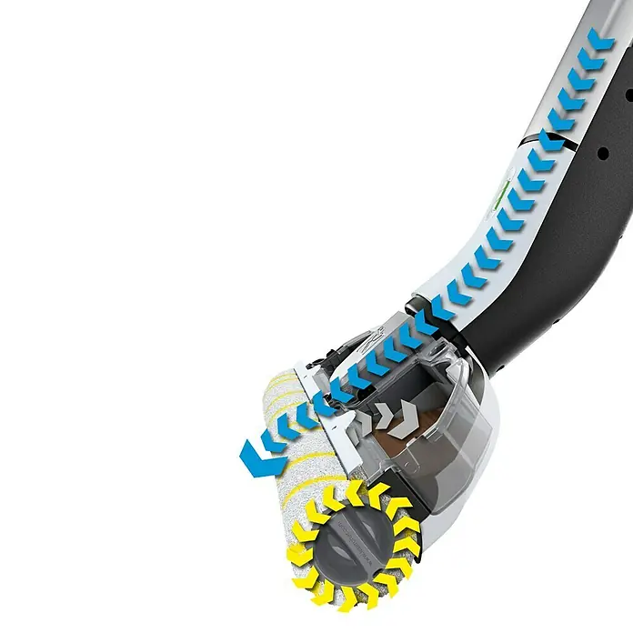 Kärcher Akku-Wischmopp EWM 2 - 7,4 V, Akkulaufzeit: 20 min, Flächenleistung: 180 m²/h - Das Bild zeigt einen innovativen Wischmopp mit einem rotierenden Bürstenkopf für eine effiziente Reinigung. Die Pfeile visualisieren den Wasserfluss.