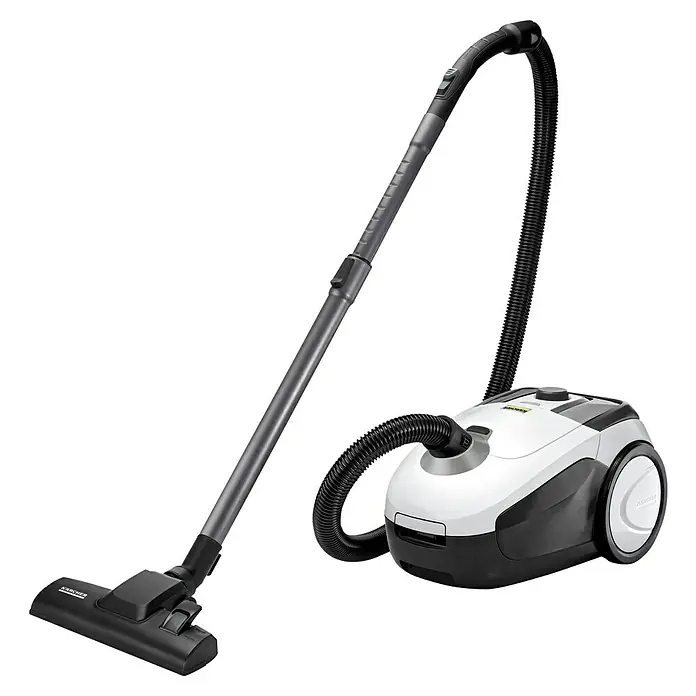 Kärcher Elektro-Staubsauger VC 2 - 700 W - Ein Kärcher Staubsauger in Weiß und Schwarz mit einem flexiblen Schlauch und Teleskoprohr, der eine gründliche Reinigung ermöglicht.