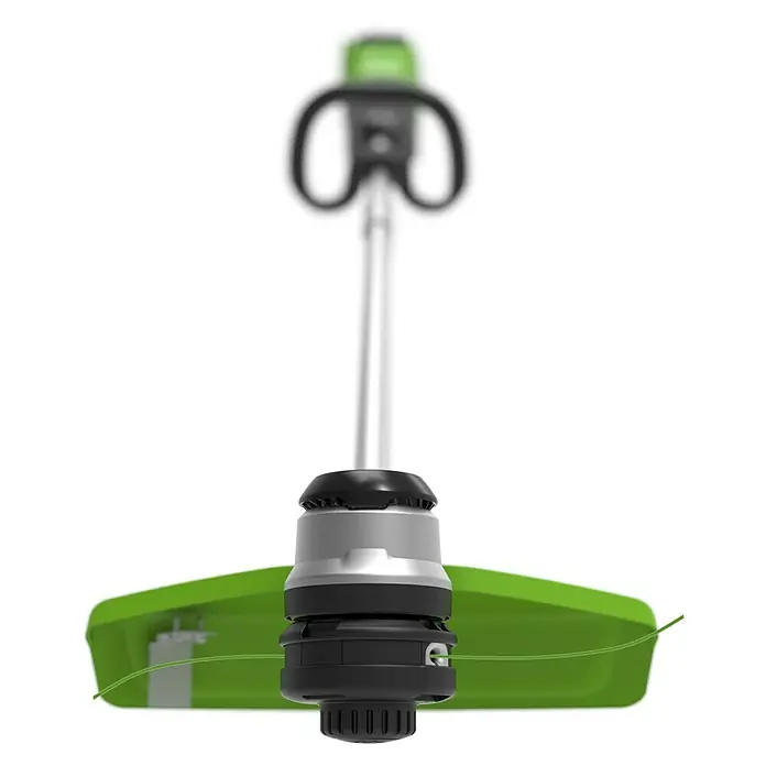 Greenworks 60V Akkusystem Akku-Rasentrimmer GD60LT - 60 V, Li-Ionen, Ohne Akku, Schnittbreite Faden: 40 cm - Bild einer Akku-betriebenen Motorsense, ideal für Gartenarbeiten. Das Gerät ist in Grün, Schwarz und Silber gehalten.