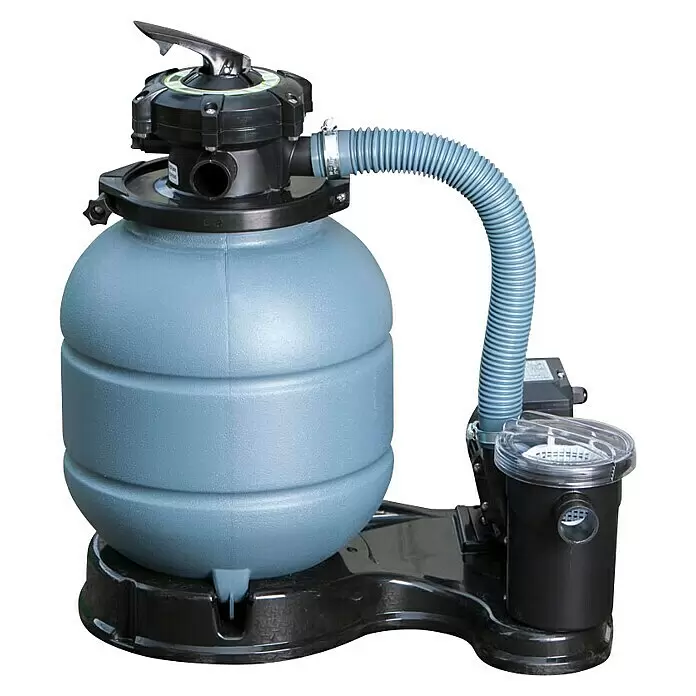 Gre Holz-Pool Grenade 2 - L x B x H: 436 x 336 x 117 cm, 10.900 l, Braun - Kompaktes graues Pool-Sandfiltersystem mit schwarzer Pumpeinheit und flexiblem Schlauch.