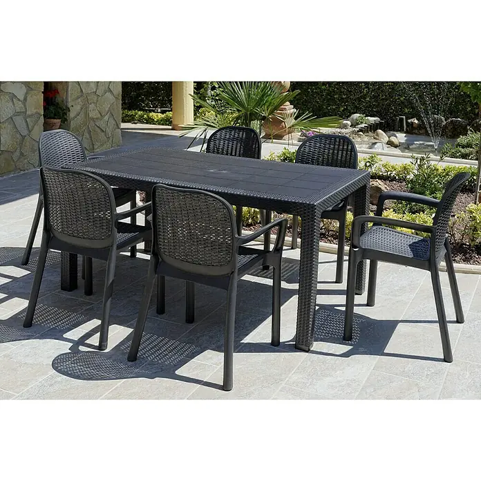 Mesa de jardín Lasarte - L x An x Al: 150 x 90 x 72 cm, Tecnopolímero/Fibra de vidrio, Antracita - Un juego de mesa de jardín con seis sillas, ideal para comer al aire libre y horas de relajación en el jardín o en el patio.