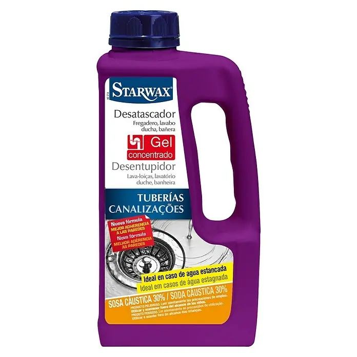 Starwax Desatascador en Gel - 1 l, Botella - Imagen de un desatascador morado Starwax, ideal para eliminar obstrucciones en fregaderos, lavabos, duchas y bañeras.
