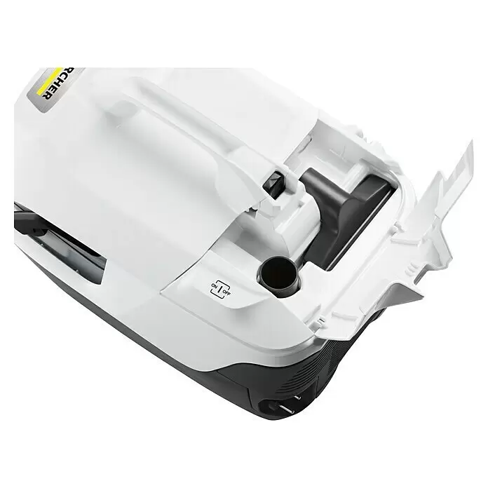 Kärcher Elektro-Staubsauger DS 6 - 650 W - Weißer Kärcher Staubsauger mit offenem Zubehörfach, das eine Fugendüse, Schlauchanschluss und einen ON/OFF-Schalter zeigt.