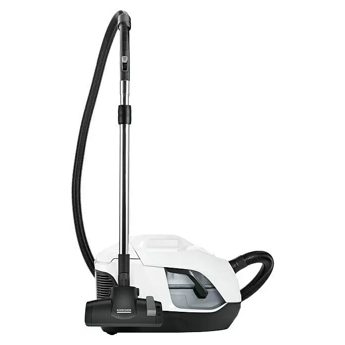 Kärcher Elektro-Staubsauger DS 6 - 650 W - Weißer und schwarzer Kärcher-Staubsauger mit silbernem Teleskoprohr, schwarzem Schlauch und Bodendüse.