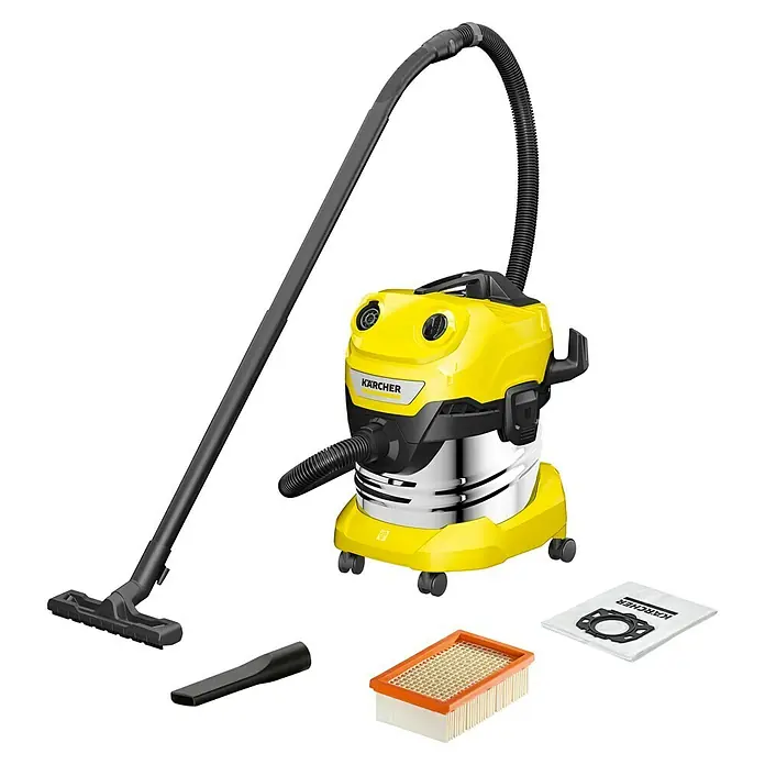 Kärcher Elektro-Nass- & Trockensauger WD 4 S V-20/5/22 - 1.000 W, 20 l - Ein gelber Kärcher Mehrzwecksauger mit Zubehör, ideal für Nass- und Trockenreinigungsaufgaben im Haushalt und Werkstatt.