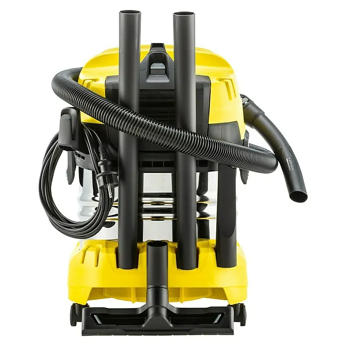 Kärcher Elektro-Nass- & Trockensauger WD 4 S V-20/5/22 - 1.000 W, 20 l - Rückansicht eines gelb-schwarzen Kärcher Mehrzwecksaugers mit Zubehörhalterungen und Schlauch.