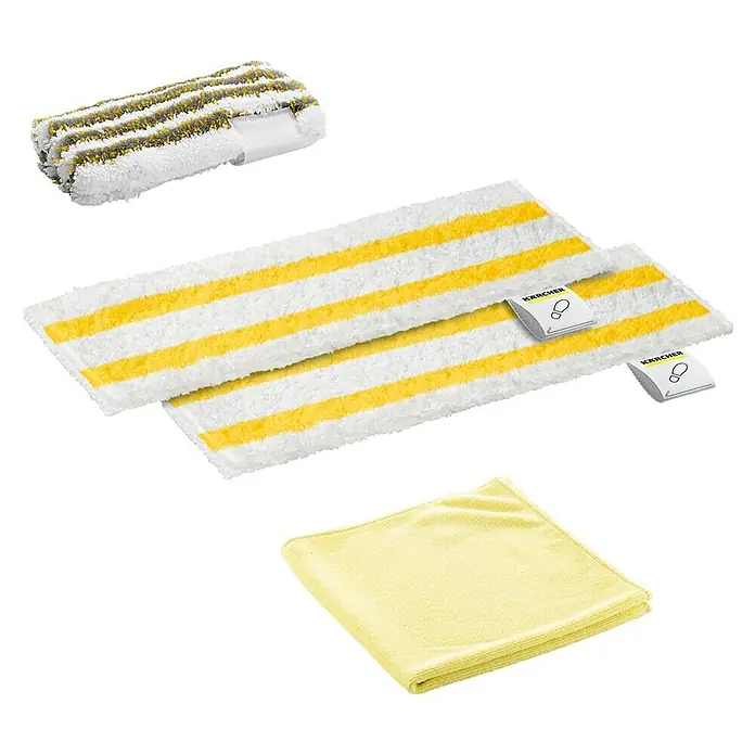 Kärcher Tuch-Set - 4 -tlg. - Das Bild zeigt ein Set aus Kärcher Reinigungszubehör, bestehend aus zwei Wischtüchern, einem Microfasertuch und einem Pad.