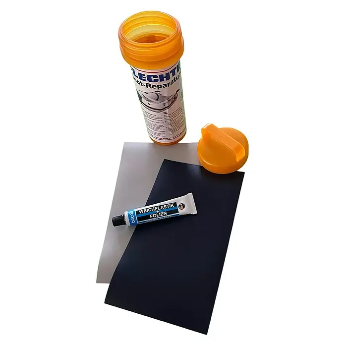 Seilflechter Kit de reparación de lanchas neumáticas - Específico para: Balsas de goma - Kit de reparación de barcos LECHTIT con pegamento, láminas (plata, azul oscuro) y tapa. Conjunto ideal para reparaciones rápidas.