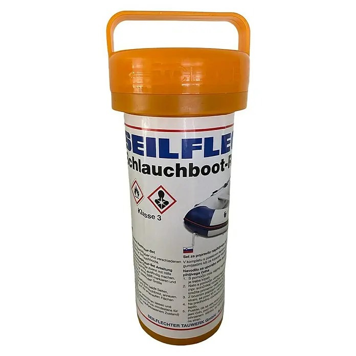Seilflechter Kit de reparación de lanchas neumáticas - Específico para: Balsas de goma - Bote de kit de reparación de botes inflables Seilflechter con símbolos de advertencia e instrucciones para pegar parches.