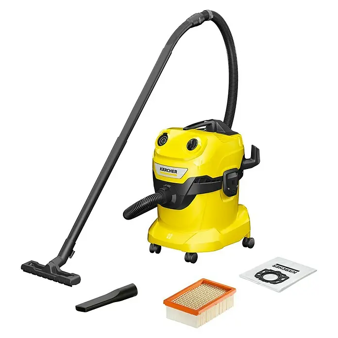 Kärcher Elektro-Nass- & Trockensauger WD 4 V-20/5/22 - 1.000 W, 20 l - Ein gelber Kärcher Mehrzwecksauger mit Zubehör wie Düsen, Filter und Staubsaugerbeutel. Ideal für Haus, Werkstatt und Garage.