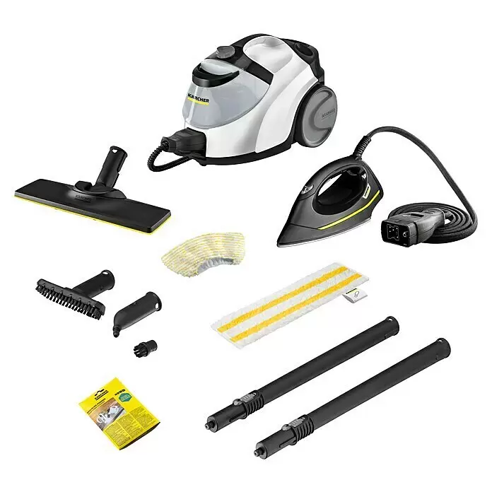 Kärcher Dampfreiniger SC 5 EasyFix Iron - 2.250 W, Aufheizzeit: 3 min, Behältervolumen: 1,5 l - Kärcher Dampfreiniger-System mit weiß-schwarzem Gerät, Bügeleisen, Düsen, Bürsten, Verlängerungsrohren und Tüchern.