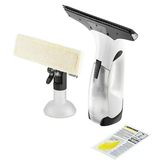 Kärcher Akku-Fenstersauger WV 2 Plus DH - 3,7 V, Behältervolumen: 0,1 l - Fensterreiniger-Set von Kärcher mit Sprühflasche, Mikrofaserwischer, Fenstersauger und Reinigungsmittel für streifenfreie Fenster.