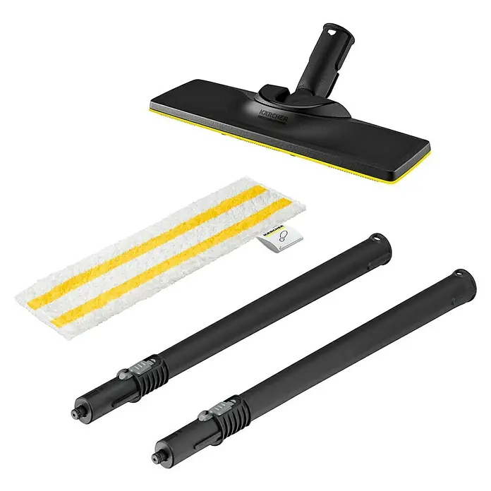 Kärcher Bodendüsen-Set Easyfix - Passend für: Kärcher Dampfreiniger SC 1 EasyFix, 4 -tlg. - Das Bild zeigt ein Dampfreinigungszubehörset, bestehend aus Bodendüse, Mikrofaserüberzug, Verlängerungsrohren für den Kärcher Dampfreiniger.