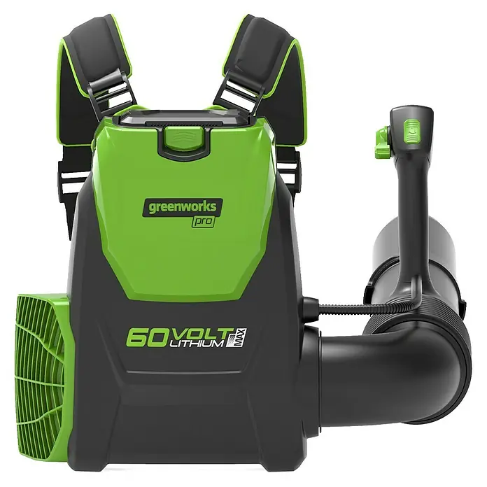 Greenworks 60V Akkusystem Akku-Laubbläser Rucksackbläser GD60BPB - Ohne Akku, Blasgeschwindigkeit: 257 km/h, Blasleistung: 540 m³/min - Greenworks Pro 60V Akku-Rucksackgebläse, ideal für effizientes und kabelloses Laubblasen in Gärten und auf Gehwegen.