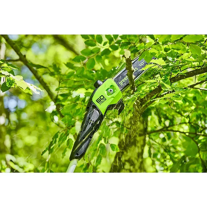 Greenworks 60V Akkusystem Akku-Hochentaster GD60PS25 - 60 V, Ohne Akku, Schwertlänge: 25 cm - Nahaufnahme einer Greenworks Akku-Stangensäge beim Beschneiden eines Baumes, mit Fokus auf Präzision und Leistung.