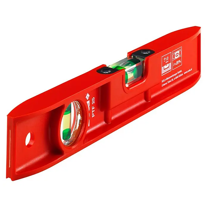 Sola Torpedo-Wasserwaage PFT 25 - 25 cm, Anzahl Libellen: 2 Stk. - Rote SOLA PTF 25 Wasserwaage, ein robustes und präzises Messwerkzeug für den professionellen Einsatz. Ideal für Handwerker und Heimwerker.