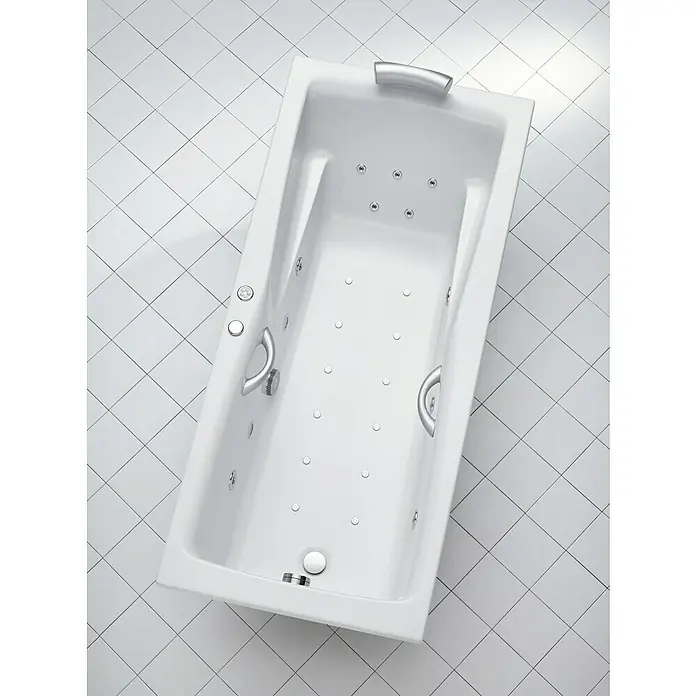 Ottofond Whirlpool Santos - 190 x 90 cm, Sanitäracryl, Weiß - Draufsicht auf eine moderne, rechteckige Whirlpool-Badewanne mit silbernen Armaturen und Düsen auf weißem Fliesenboden.