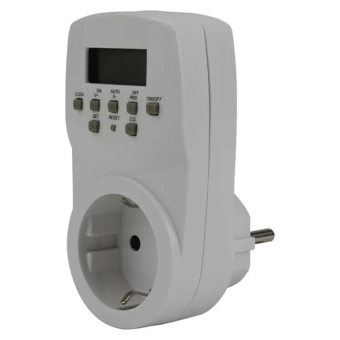 Temporizador - Digital, Potencia de conexión máx.: 1.800 W - Temporizador electrónico blanco con pantalla y enchufe para el control horario de aparatos eléctricos.