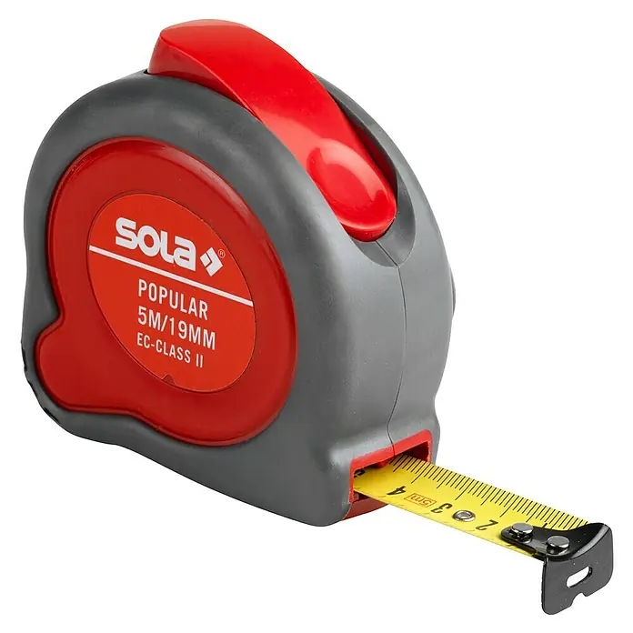 Sola Kapselmaßband Popular PP - 8 m, Material: Kunststoff - Das Bild zeigt ein SOLA "POPULAR" Rollbandmaß (5m/19mm) mit rotem Gehäuse und gelbem Band, ideal für präzise Messungen.