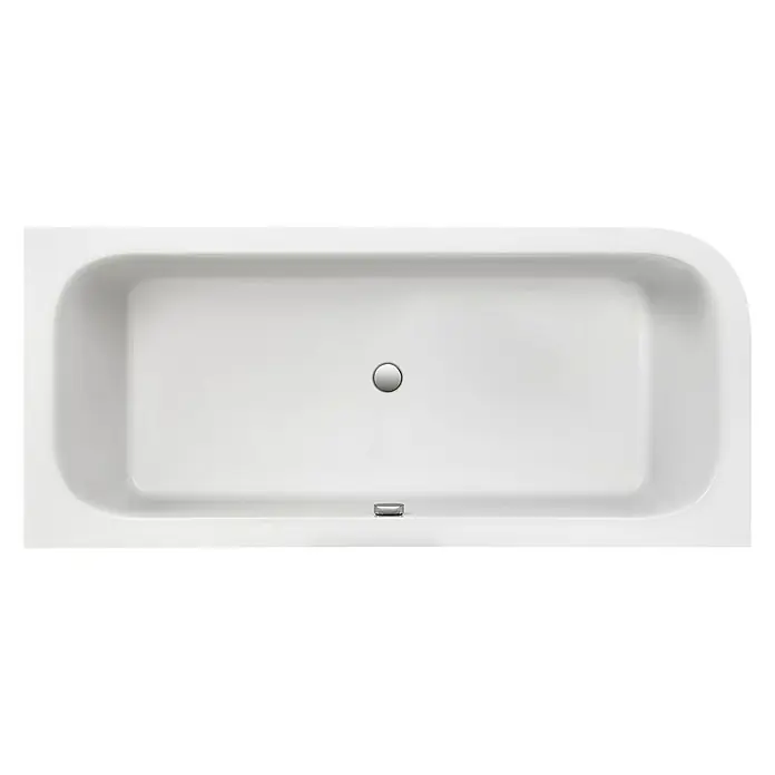 Ottofond Badewanne Bonita - 180 x 80 cm, Sanitäracryl, Weiß, Links, Mit Ab- und Überlaufgarnitur - Draufsicht auf eine rechteckige Badewanne mit abgerundeten Ecken. Die Badewanne ist weiß und hat einen silbernen Abfluss.