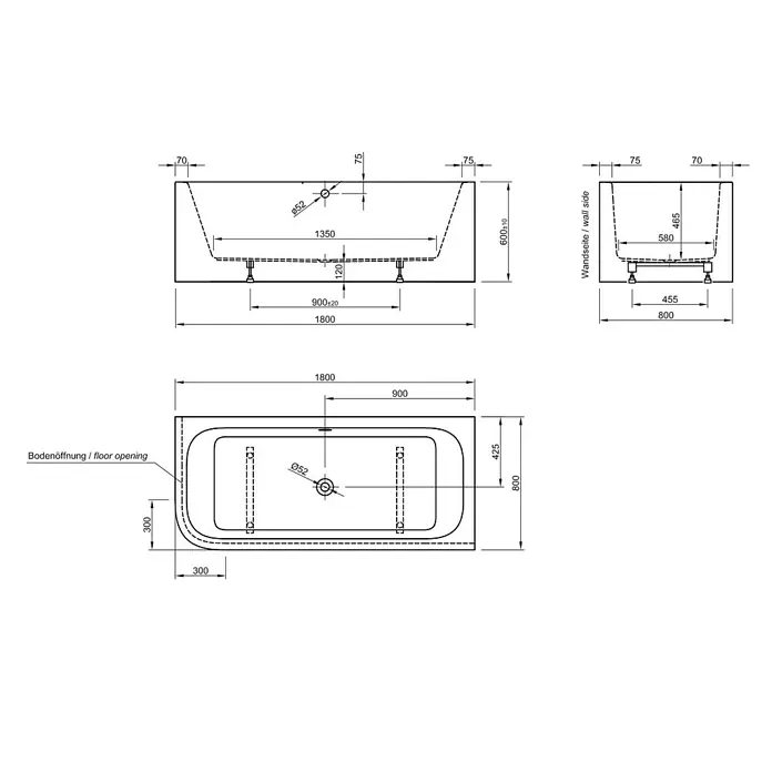 Ottofond Badewanne Bonita - 180 x 80 cm, Sanitäracryl, Weiß, Links, Mit Ab- und Überlaufgarnitur - Technische Zeichnung einer rechteckigen Badewanne mit Abmessungen und Details zu Bodenöffnung und Wandseite.