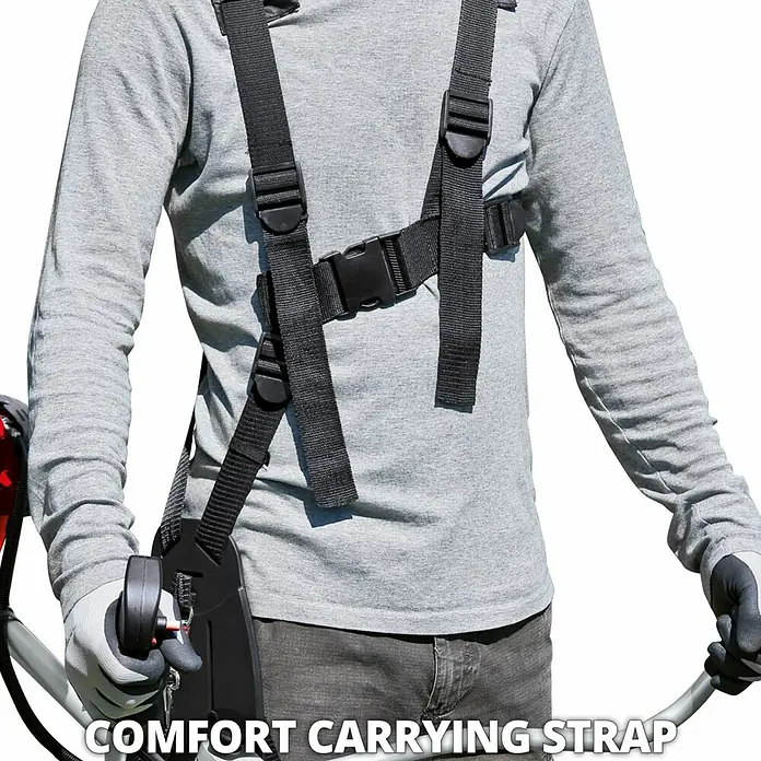 Einhell Desbrozadora de gasolina GC-BC 36-4S - 1 kW, 37,7 cm³, Ancho de corte hilo: 42 cm, Ancho de corte cuchilla: 25 cm - Correa de transporte cómoda para aliviar la tensión al transportar herramientas de jardín, que proporciona comodidad y reduce el esfuerzo físico.