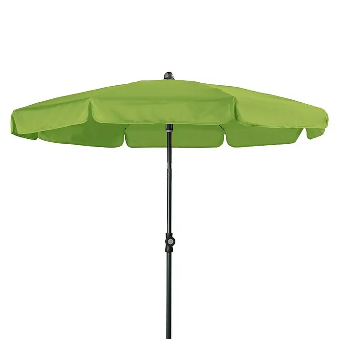 Doppler Sunline Marktschirm rund Neo - Fresh Green, Durchmesser Bespannung: 150 cm - Bild eines grasgrünen Gartenschirms mit robustem, schwarzem Ständer, ideal für sonnige Tage im Freien.