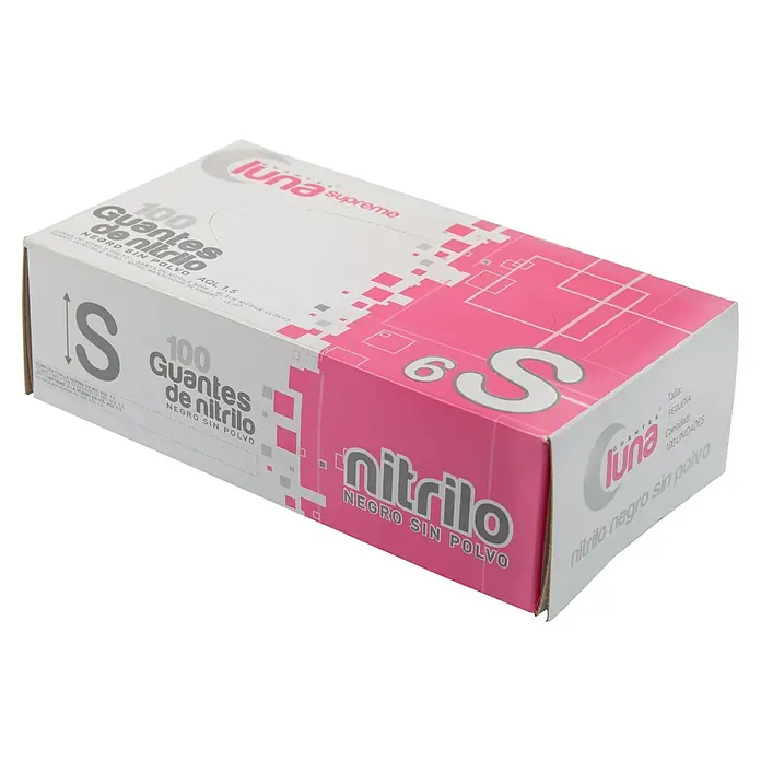 Guantes desechables Luna - S, Negro, 100 ud. - Imagen de una caja de guantes de nitrilo negros Luna Supreme, talla S, que contiene 100 unidades para uso médico.