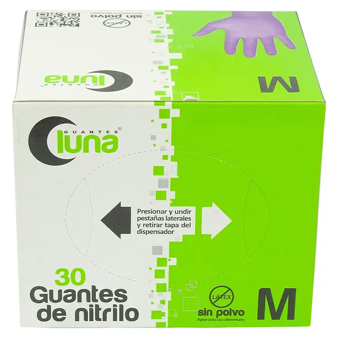 Guantes desechables Luna - M, Negro, 30 ud. - Caja de guantes de nitrilo Luna, sin polvo, talla M. Apto para uso alimentario, con instrucciones para abrir la caja dispensadora.