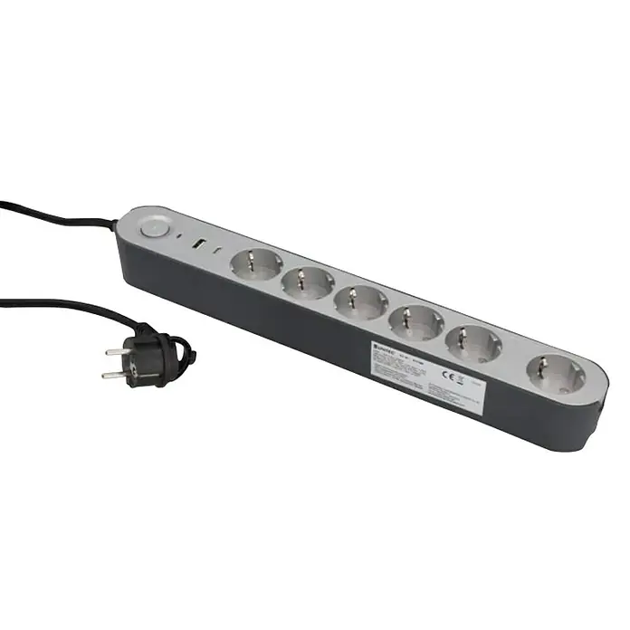 UniTEC Steckdosenleiste Greenline - 6-fach, Silber/Anthrazit, Kabellänge: 1,8 m, Mit Schalter - Eine dunkle Mehrfachsteckdose mit sechs Steckplätzen und einem USB-Anschluss, ideal zum Anschließen mehrerer Geräte.