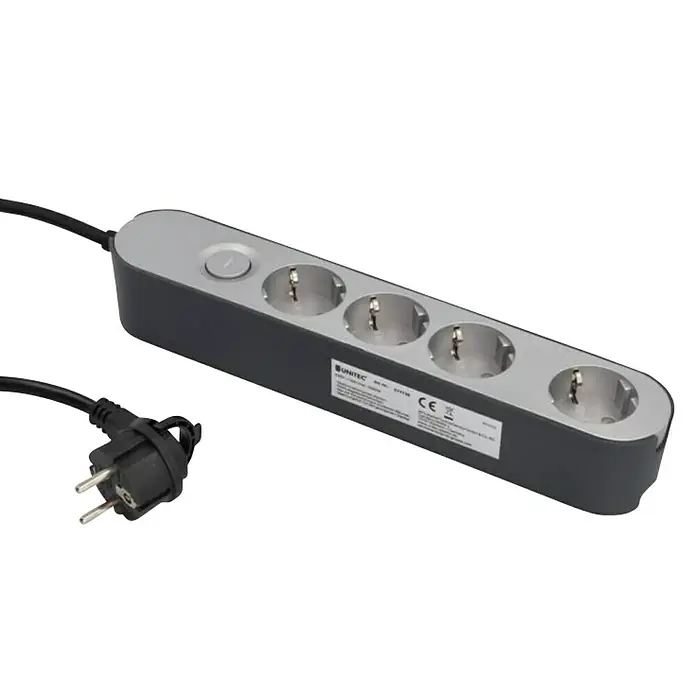 UniTEC Steckdosenleiste Greenline - 4-fach, Silber/Anthrazit, Kabellänge: 1,8 m, Mit Schalter - Eine graue Unitec-Steckdosenleiste mit vier Steckdosen, einem Schalter und einem schwarzen Stecker. Praktisch für mehrere Geräte.