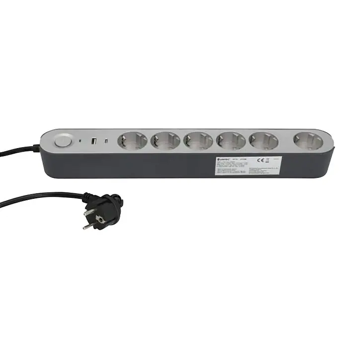 UniTEC Steckdosenleiste Greenline - 6-fach, Silber/Anthrazit, Kabellänge: 1,8 m, Mit Schalter - Eine graue Unitec-Mehrfachsteckdose mit sechs Steckplätzen, zwei USB-Ports und einem schwarzen Stromkabel mit Eurostecker.