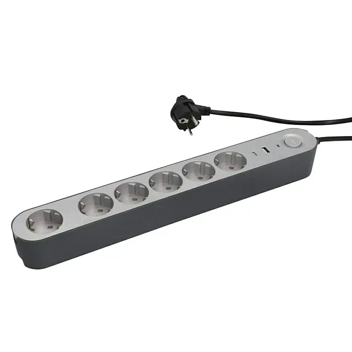 UniTEC Steckdosenleiste Greenline - 6-fach, Silber/Anthrazit, Kabellänge: 1,8 m, Mit Schalter - Eine Mehrfachsteckdose mit sechs Steckplätzen, USB-Anschlüssen und einem Schalter, ideal für den Einsatz zu Hause oder im Büro.