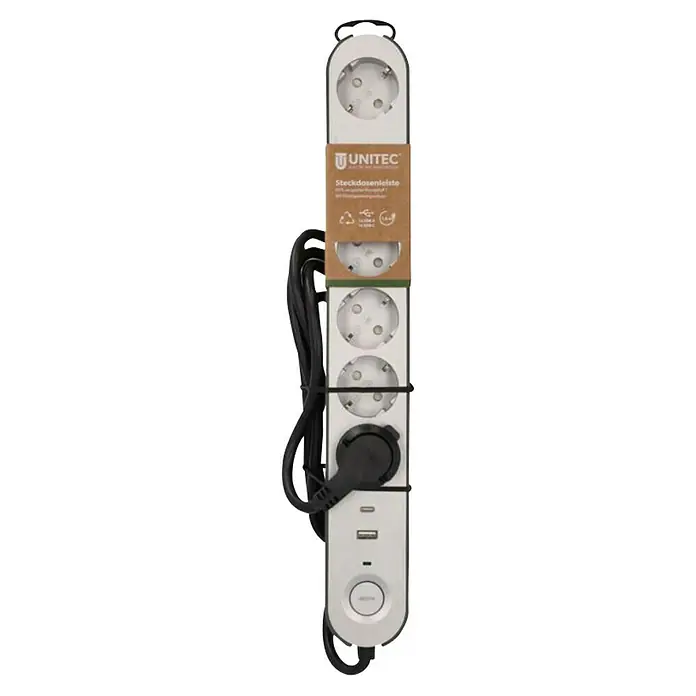 UniTEC Steckdosenleiste Greenline - 6-fach, Silber/Anthrazit, Kabellänge: 1,8 m, Mit Schalter - Unitec Steckdosenleiste mit drei Steckdosen, USB-Anschlüssen und Kabel, ideal für den flexiblen Einsatz zu Hause oder im Büro.