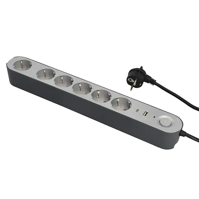 UniTEC Steckdosenleiste Greenline - 6-fach, Silber/Anthrazit, Kabellänge: 1,8 m, Mit Schalter - Eine graue Steckdosenleiste mit sechs Steckdosen, zwei USB-Anschlüssen, einem Netzschalter und einem schwarzen Stecker.