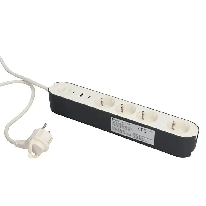 UniTEC Steckdosenleiste Greenline - 4-fach, Weiß/anthrazit, Kabellänge: 1,8 m, Mit Schalter - Ein Unitec-Mehrfachstecker mit vier Steckdosen, zwei USB-Anschlüssen und einem Netzstecker. Ideal für den Innenbereich.