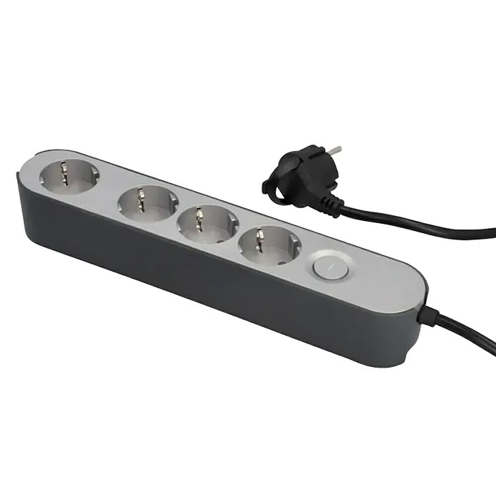 UniTEC Steckdosenleiste Greenline - 4-fach, Silber/Anthrazit, Kabellänge: 1,8 m, Mit Schalter - Steckdosenleiste mit fünf Steckplätzen und einem schwarzen Stecker. Ideal zum Anschließen mehrerer Geräte gleichzeitig.