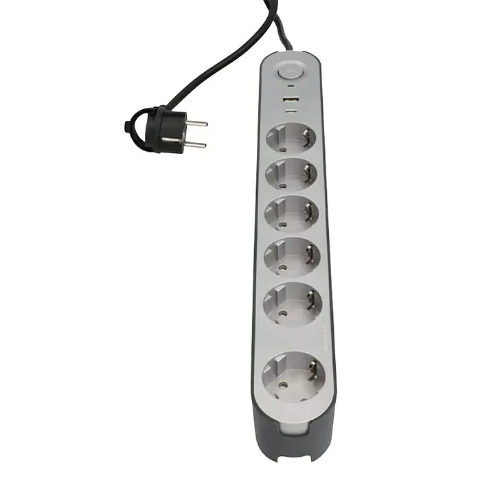UniTEC Steckdosenleiste Greenline - 6-fach, Silber/Anthrazit, Kabellänge: 1,8 m, Mit Schalter - Steckdosenleiste mit sechs Steckdosen und USB-Anschlüssen. Ideal für den flexiblen Einsatz im Büro oder zu Hause.