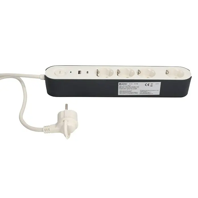 UniTEC Steckdosenleiste Greenline - 4-fach, Weiß/anthrazit, Kabellänge: 1,8 m, Mit Schalter - Eine graue Unitec Steckdosenleiste mit sechs Steckdosen und einem weißen Stromkabel mit Stecker.