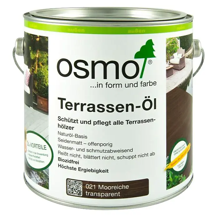 Osmo Terrassen-Öl - Mooreiche, 2,5 l, Seidenmatt - Dose Osmo Terrassen-Öl in der Farbe Mooreiche transparent. Schützt und pflegt alle Terrassenhölzer und ist wasser- und schmutzabweisend.