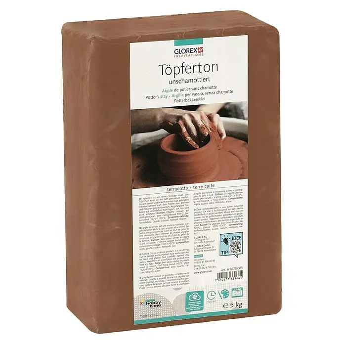 Glorex Töpferton Unschamottiert - Terracotta, 5 kg - Töpferton-Block von GLOREX: Ungebrannte Tonerde für professionelle Keramikarbeiten und Modellierung, ideal für Hobby und Kunst.