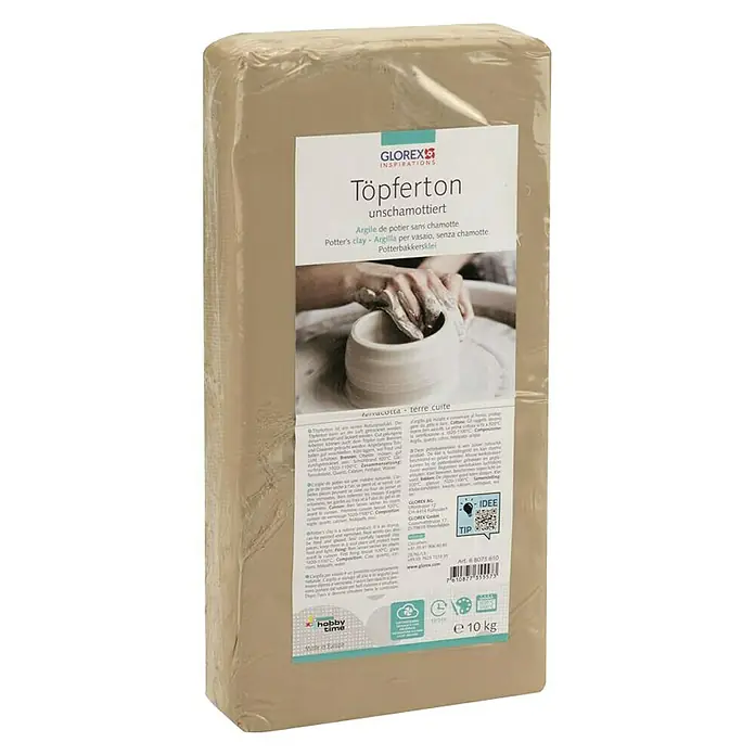 Glorex Töpferton Unschamottiert - Weiß, 10 kg - Ein Block ungebrannte Terrakotta-Töpfermasse von GLOREX Inspirations, ideal für Töpferarbeiten und Modellieren, mit 10 kg Gewicht.