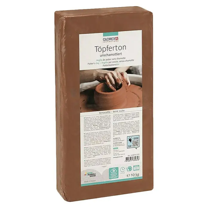 Glorex Töpferton Unschamottiert - Terracotta, 10 kg - Abbildung einer Packung ungebrannter, roter Töpferton von Glorex Inspirations, ideal zum Modellieren und für Töpferarbeiten.