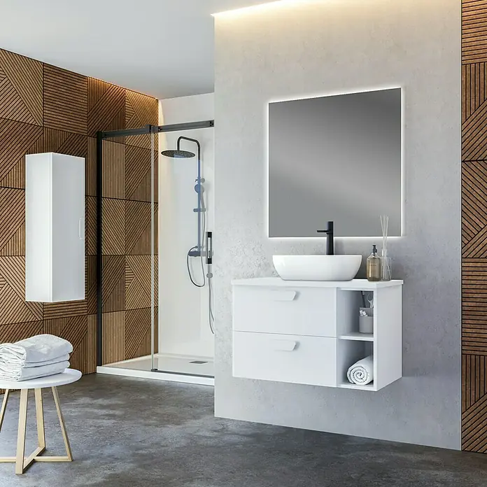 Camargue Espejo con luz Khan - 80 x 80 cm - Baño con un moderno mueble de lavabo blanco, espejo y ducha. El conjunto de muebles de baño perfecto para tu hogar.