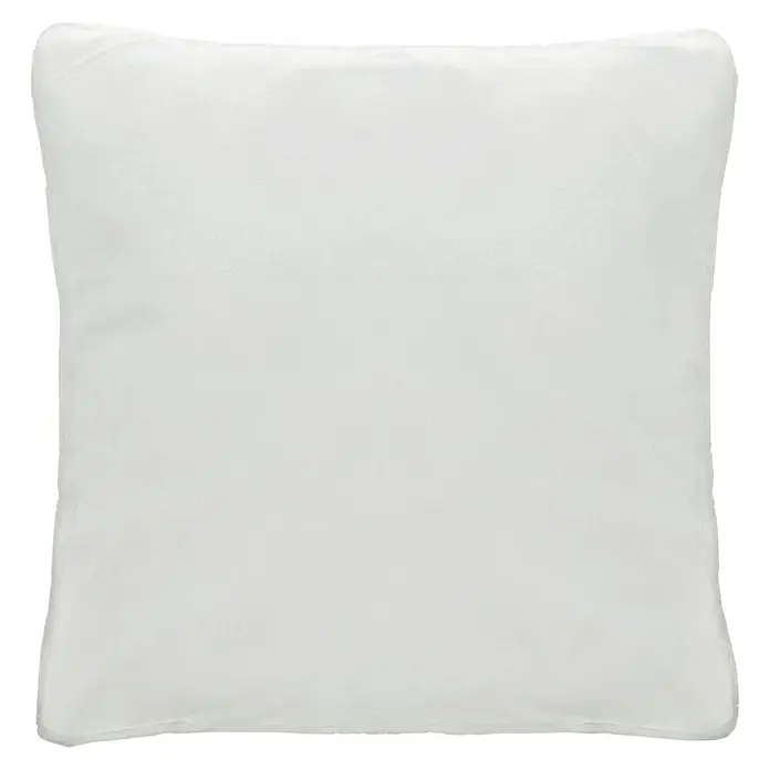 Kissen Happy - Elfenbein, 48 x 48 cm, 100 % Polyester - Nahaufnahme eines quadratischen, weißen Kissens. Das schlichte Design und die weiche Textur laden zum Entspannen ein.