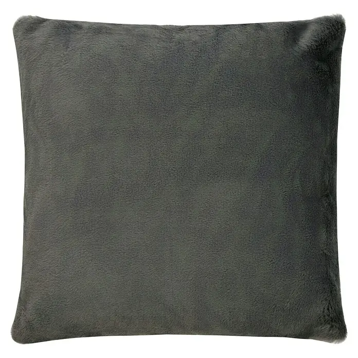 Kissen Happy - Graphit, 48 x 48 cm, 100 % Polyester - Nahaufnahme eines quadratischen, grauen Zierkissens mit weichem, plüschigem Bezug, ideal für Sofa oder Bett.