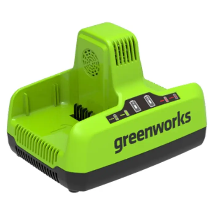 Greenworks 60V Akkusystem Dual-Ladegerät - Passend für: 60V Greenworks- und Powerworks-Sortiment - Das Bild zeigt ein grünes Greenworks-Ladegerät für Akkus. Das Ladegerät hat eine schwarze Basis und grüne Elemente.