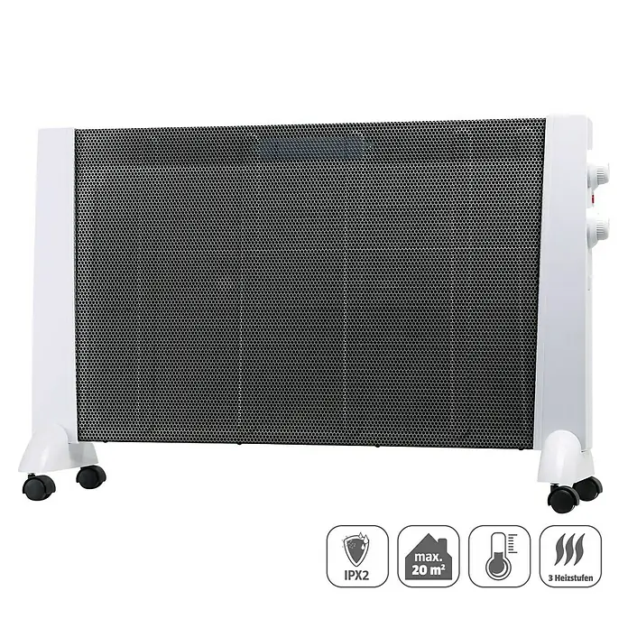 Voltomat HEATING Wärmewellenheizung - 62 x 880 x 475 mm, 2.400 W, Silber/Schwarz - Abbildung eines weißen Konvektionsheizkörpers mit schwarzem Gitter und Rollen für einfache Mobilität.