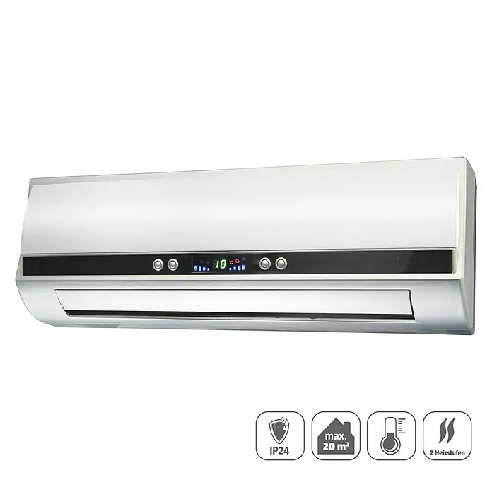 Voltomat HEATING Wandheizstrahler - 1.000 W - 2.000 W, Raumgröße bis ca. 20 m², Weiß - Dieses Bild zeigt eine moderne, weiße Klimaanlage mit digitaler Anzeige, die sich ideal für die Wandmontage eignet und für Räume bis 20 m² geeignet ist.